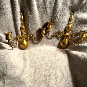 Vintage Double Arm Brass Wall Sconce Candle Holder 8 1/2" Tall x 7" Wide